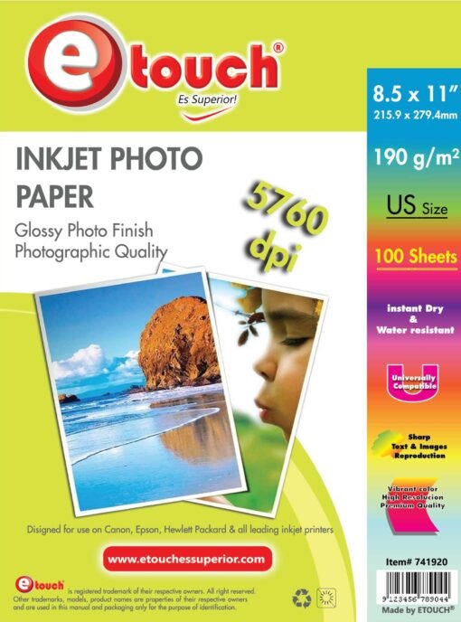 Papel Foto Glossy 8.5 X 11 Pack 100 Hojas, 190GM Carta Etouch