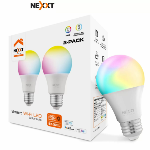 Kit de 2 Bombillas RGB NEXXT NHB-C110M 2PK, Brillo 800 lúmenes, Watts 9W, RGB, Luz blanca fría a cálida, Voltaje 110VCA, 60Hz.