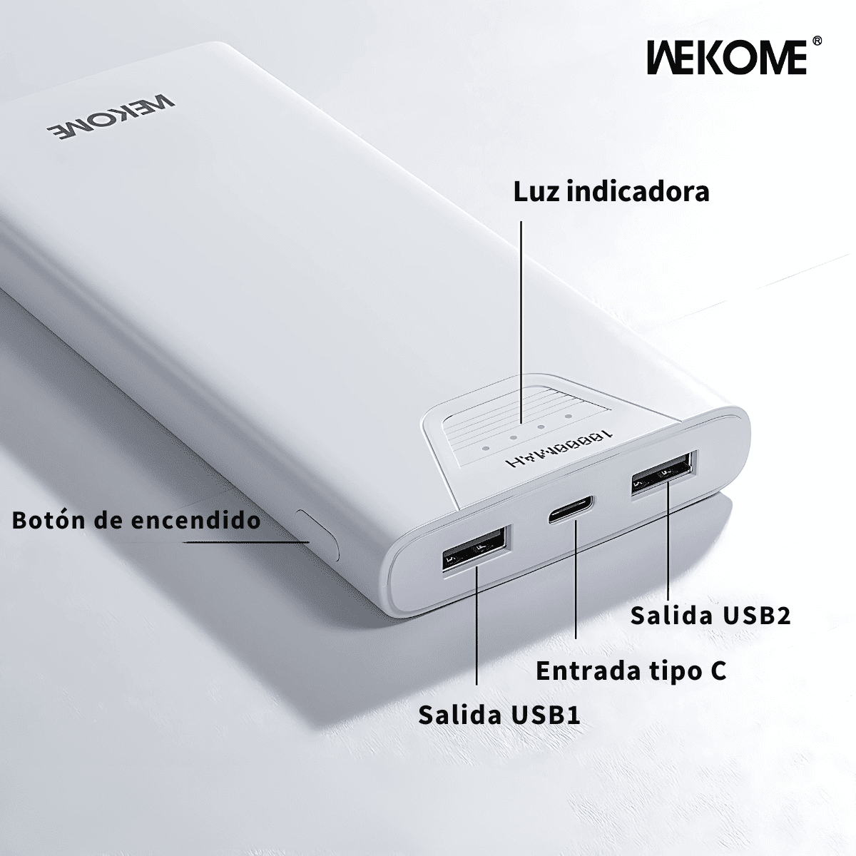 Powerbank WEKOME WP-101, Color Blanco, 10000mAh, recargable por entrada tipo C, 2 salidas de carga USB - Imagen 4