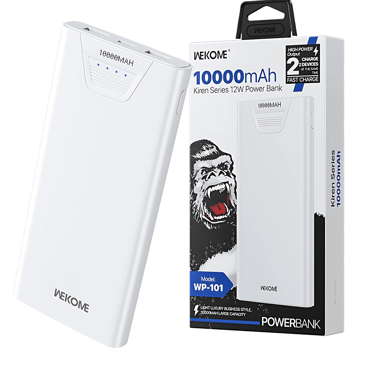 Powerbank WEKOME WP-101, Color Blanco, 10000mAh, recargable por entrada tipo C, 2 salidas de carga USB