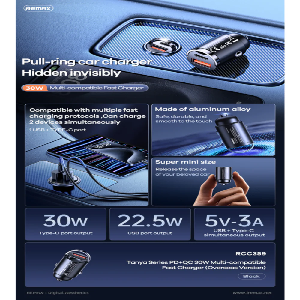 Cargador de Carro 2 puertos USB-A y USB-C REMAX RCC359 para cigarrera - Imagen 3