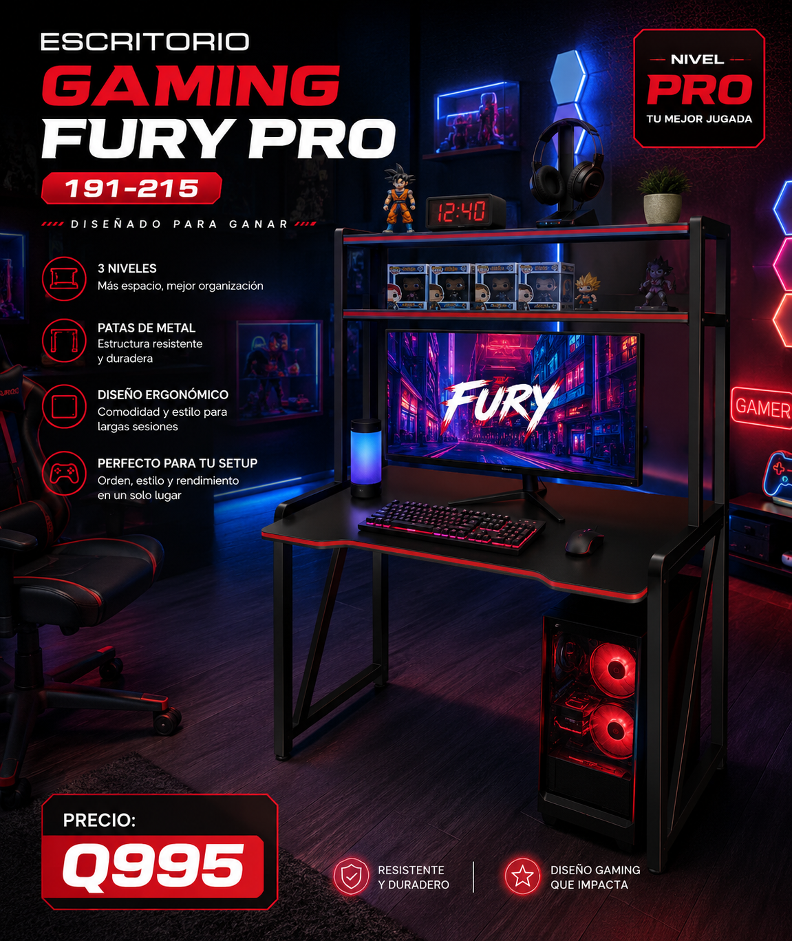 Escritorio Diseño GAMING FURY PRO191-215 color negro con detalles en color rojo - Imagen 3