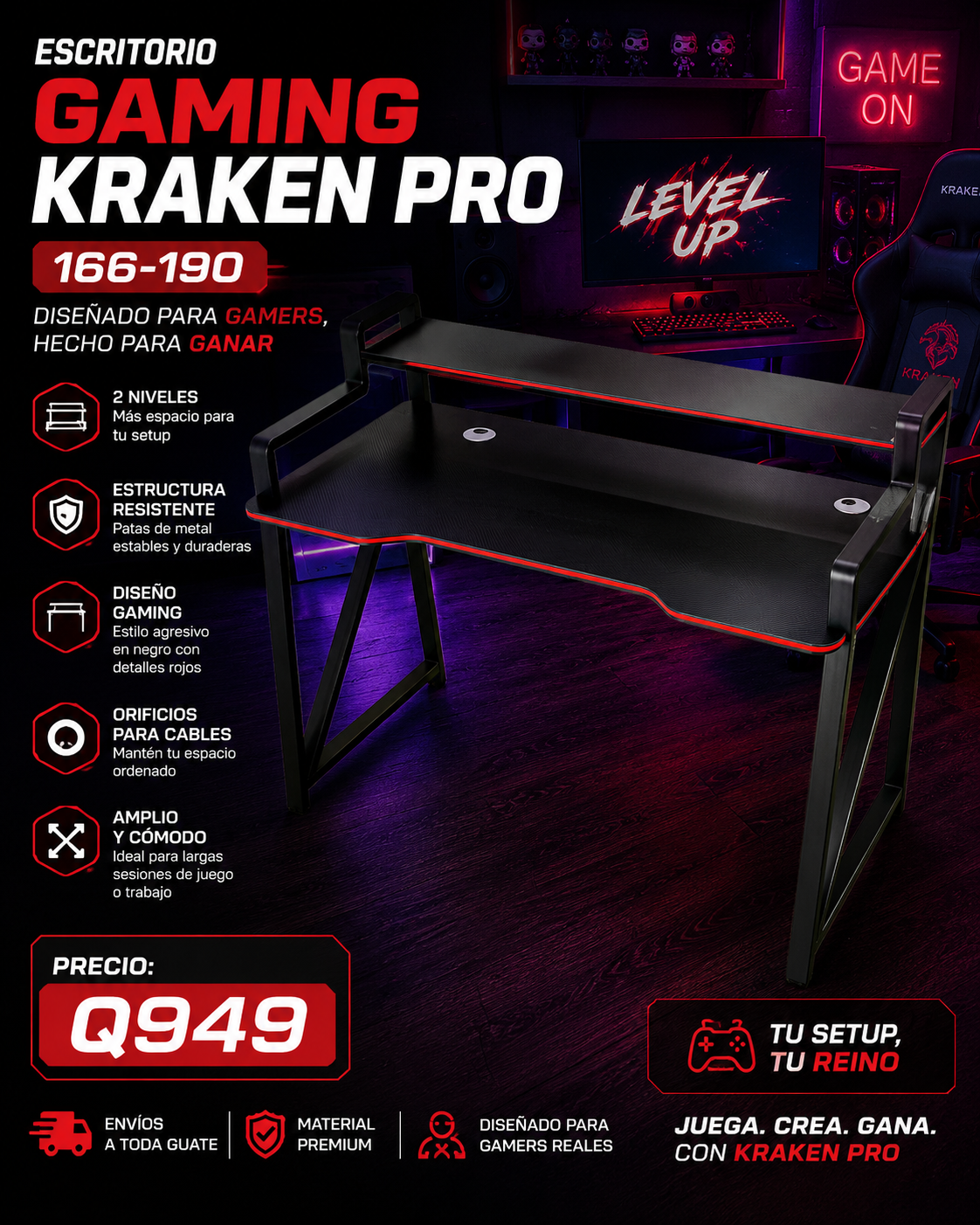 Escritorio Diseño GAMING KRAKEN PRO166-190 color negro - Imagen 3