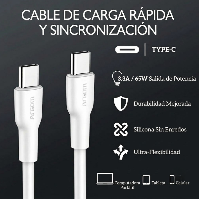 Cable de Carga rápida DURAFLEX Tipo C a Tipo C ARGOM ARG-CB-0070WT- A00634 - Imagen 3