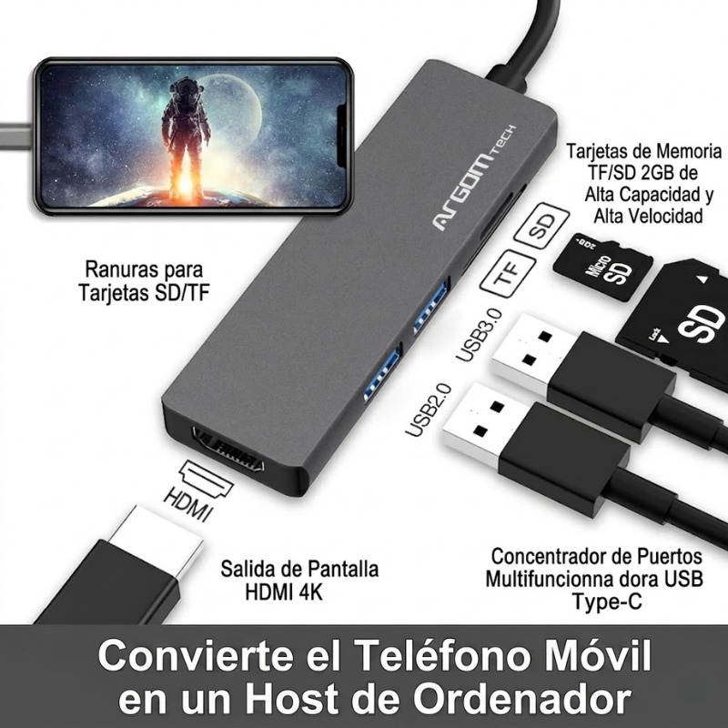 Hub USB 5 puertos ARGOM TIPO C 5 en 1 ARG-UB-0185 A00594 - Imagen 4