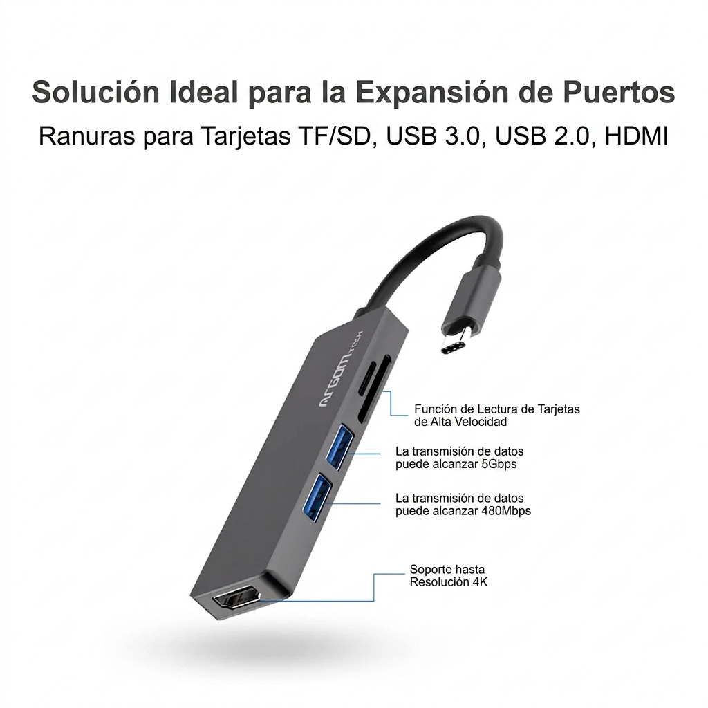 Hub USB 5 puertos ARGOM TIPO C 5 en 1 ARG-UB-0185 A00594 - Imagen 3