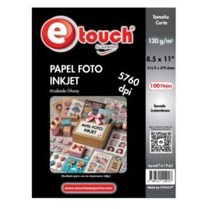 Papel fotográfico INKJET ETOUCH 741940 tamaño Carta 8.5x11´´, 100 hojas con acabado Glossy brillante, 120gr, Secado Instantaneo