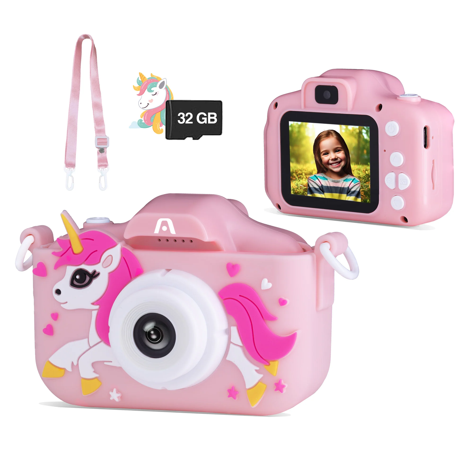 Camara Digital ARGOM Para Niños, con Doble Lente, Color Rosado, ARG-AC-9181PK A00732, Pantalla IPS de 2 Pulgadas de alta calidad