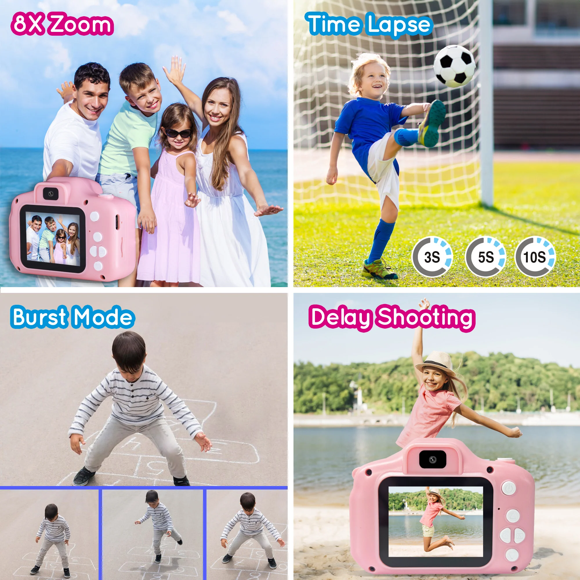 Camara Digital ARGOM Para Niños, con Doble Lente, Color Rosado, ARG-AC-9181PK A00732, Pantalla IPS de 2 Pulgadas de alta calidad - Imagen 9