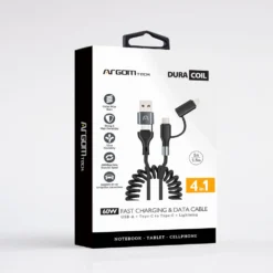 CABLE DE CARGA DuraCoil 4 en 1 ARGOM ARG-CB-0071BK A00760, Color Negro, 60W, 1.5mts